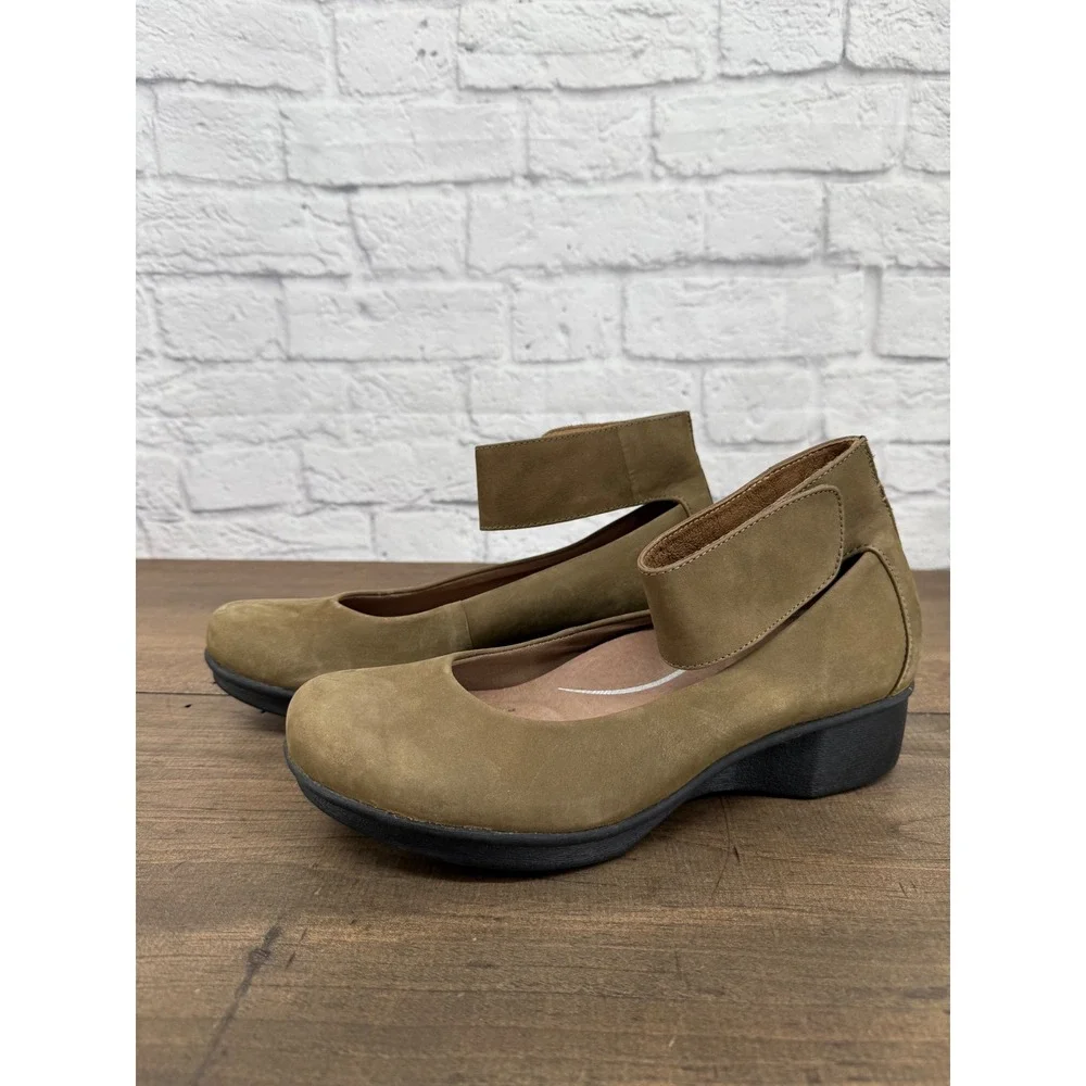 Dansko Olive Green Lulu Ankle Strap Wedge Clogs Leather Shoes Mary Jane 41